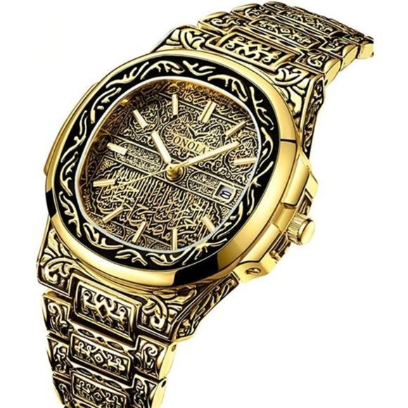 Mens Carved Pattern Luxury Gold Watch - Picture 5 of 5